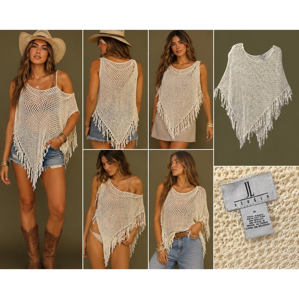 JL Studio Womens Cream Crochet Fringe Poncho Top Ramie Cotton Blend O/S